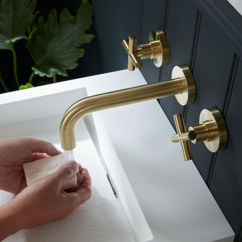 Lifestyle image of Vado Individual Elements Brushed Gold Wall-Mounted Basin Mixer